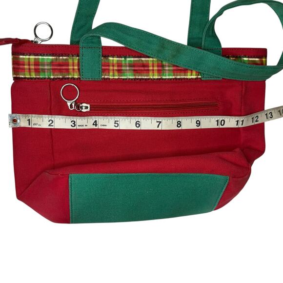 Red and Green Canvas Embroidered Christmas Handbag Purse Snowman Tree Presents - Picture 8 of 12